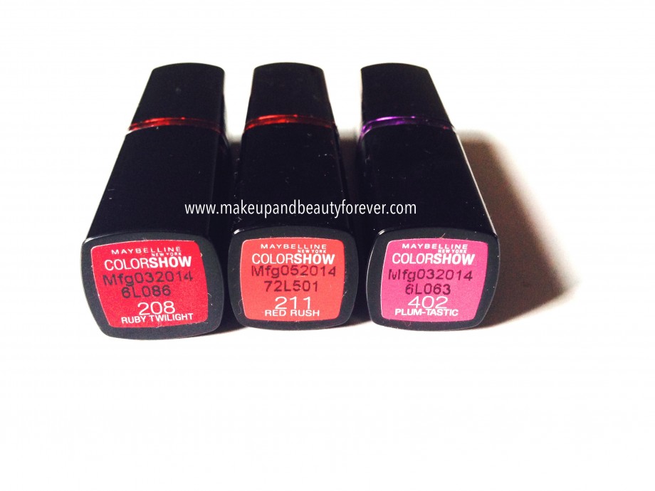 All Shades of Maybelline ColorShow Lipstick Ruby Twilight 208, Red Rush 211, Plum-Tastic 402