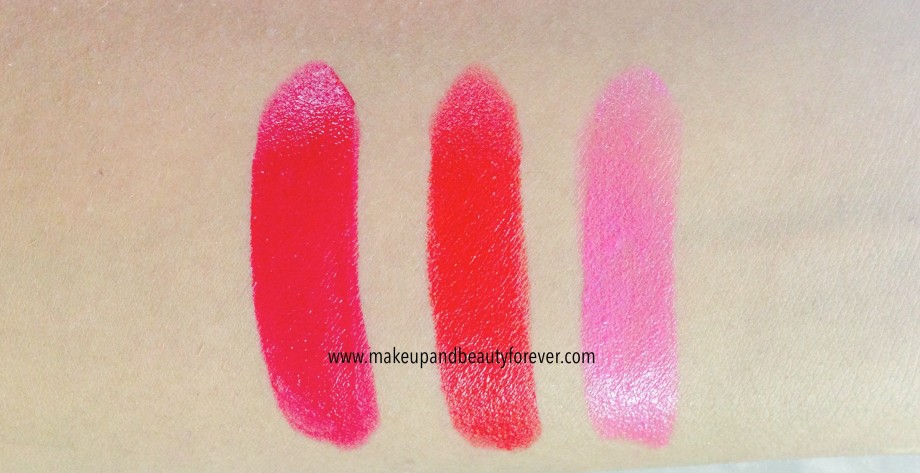 All Shades of Maybelline ColorShow Lipstick Swatch Shades, Review, Price, Details online available India Ruby Twilight 208, Red Rush 211, Plum-Tastic 402