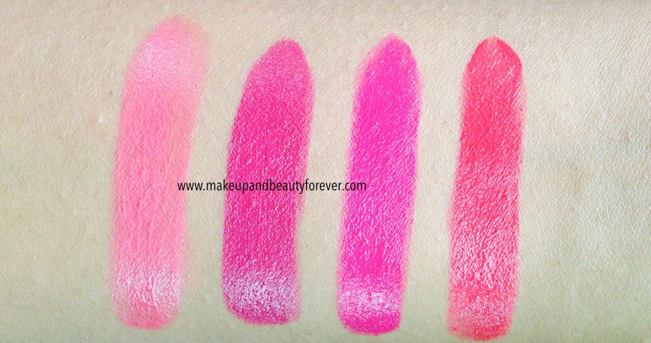 All Shades of Maybelline ColorShow Lipstick Swatches Shades, Review, Price, Details Crushed Candy 103, Violet Fusion 109, Fuschia Flare 110, Cherry Crush 207
