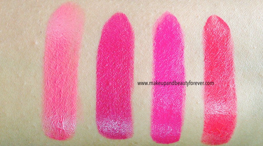 All Shades of Maybelline ColorShow Lipstick Swatches, Shades Review, Price, Details Crushed Candy 103, Violet Fusion 109, Fuschia Flare 110, Cherry Crush 207