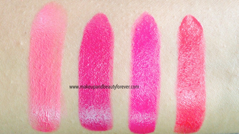 All Shades of Maybelline ColorShow Lipstick Swatches, Shades, Review, Price, Details Crushed Candy 103, Violet Fusion 109, Fuschia Flare 110, Cherry Crush 207