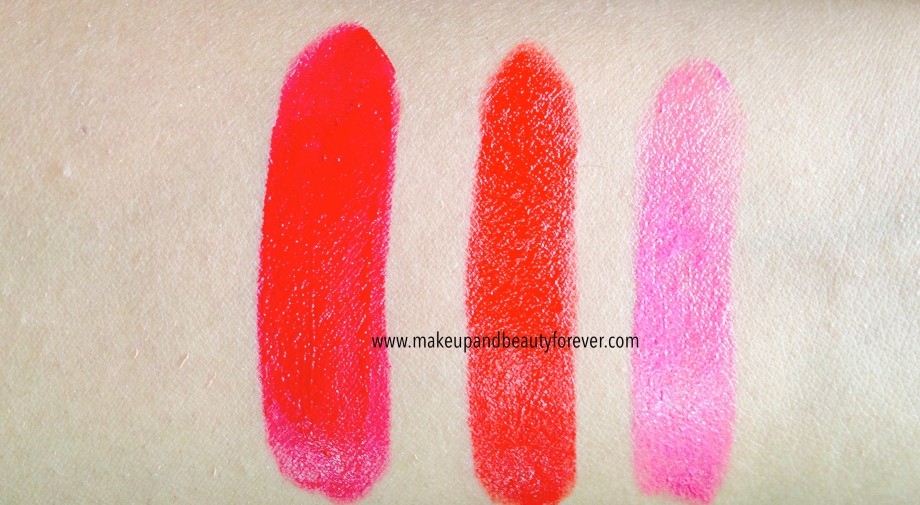 All Shades of Maybelline ColorShow Lipstick Swatches Shades, Review, Price, Details online available India Ruby Twilight 208, Red Rush 211, Plum-Tastic 402