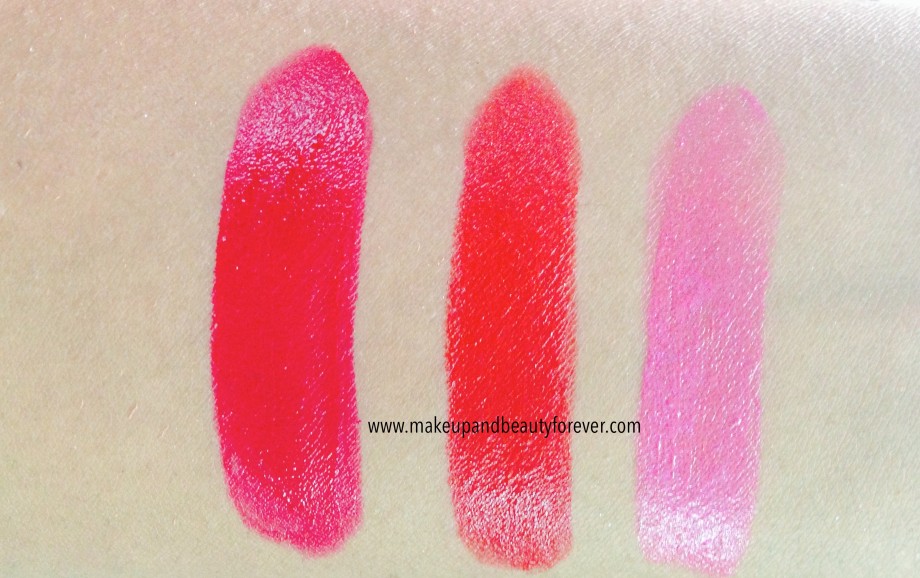 All Shades of Maybelline ColorShow Lipstick Swatches, Shades Review, Price Details online available India Ruby Twilight 208, Red Rush 211, Plum-Tastic 402