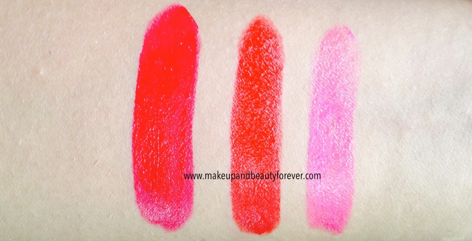 All Shades of Maybelline ColorShow Lipstick Swatches, Shades, Review, Price, Details online available India Ruby Twilight 208, Red Rush 211, Plum-Tastic 402