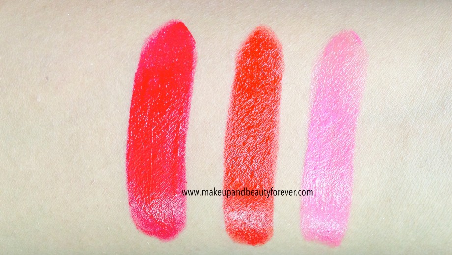 All Shades of Maybelline ColorShow Lipstick Swatches, Shades, Review, Price, Details online available LOTD India Ruby Twilight 208, Red Rush 211, Plum-Tastic 402