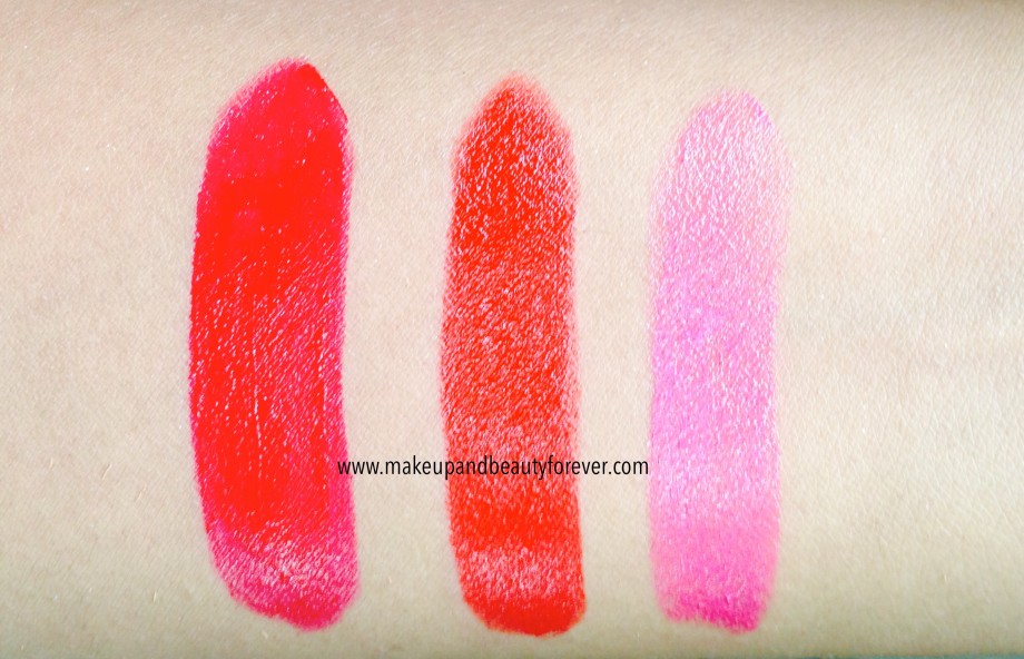 All Shades of Maybelline ColorShow Lipstick Swatches Shades Review Price and Details online available India Ruby Twilight 208, Red Rush 211, Plum-Tastic 402