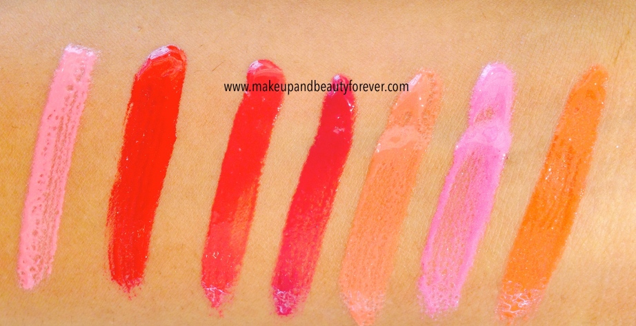 Lakme Absolute Gloss Stylist Lip Gloss Review Pink Pout, Berry Cherry, Berry Cherry, Burgundy Burn, Rust Crush, Neon Pink, Coral Sunset