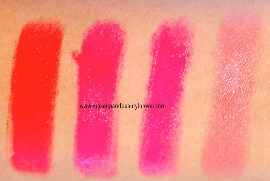 Maybelline The Jewels By Color Sensational Lipstick Shades, Swatches Fatal Red 530, Berry Brilliant 996, Fuchsia Crystal 994, Summer Sunset 615