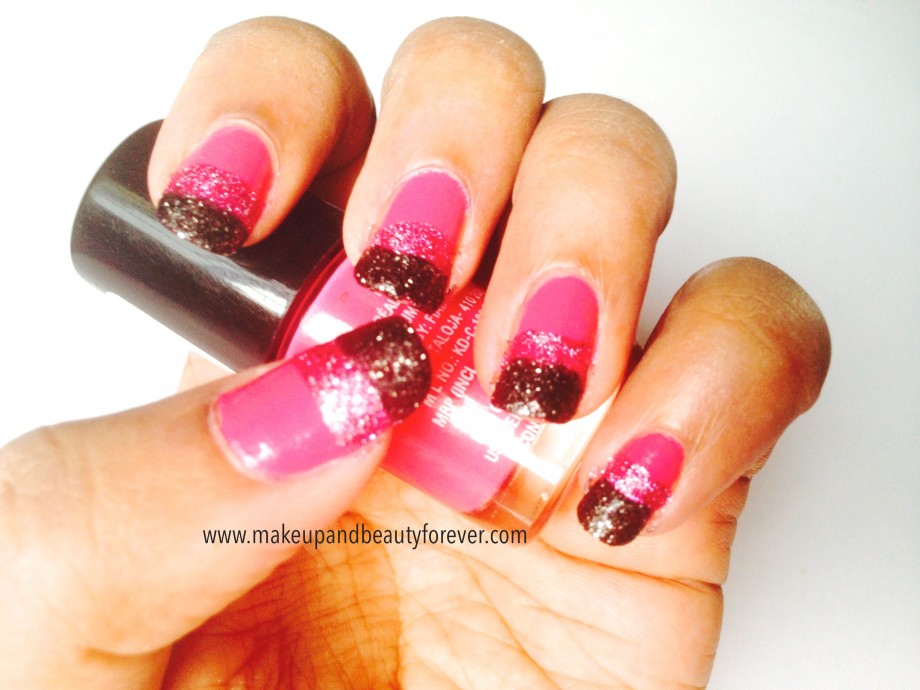 Pink and Black Glitter Festive Nail Art Tutorial maybelline color show fiery fuchsia