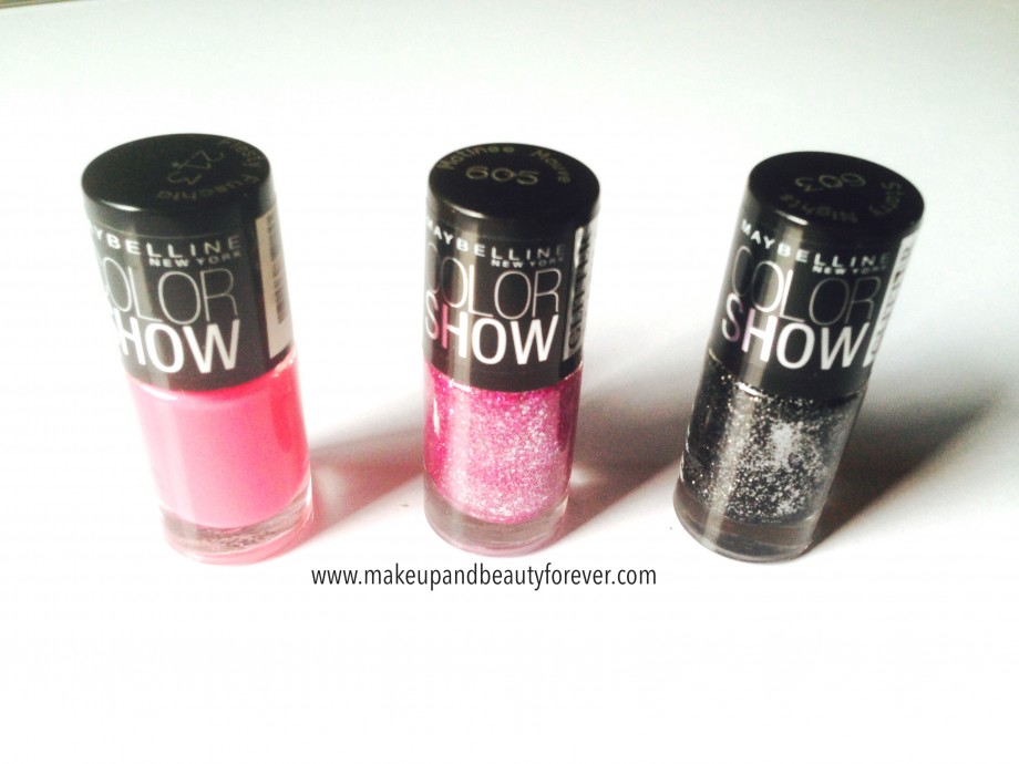 maybelline color show fiery fuchsia, matinee mauve, starry nights