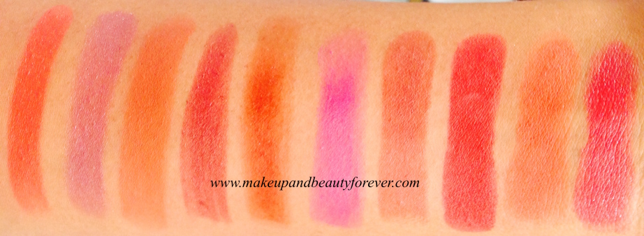 Revlon Super Lustrous Lipstick Swatches Kiss Me Coral, Blushed, Apricot Fantasy, Caramel Candy, Terra Copper, Berry Couture, Chocolate Velvet, Retro Red, Fiery Sunset, Smoky Rose