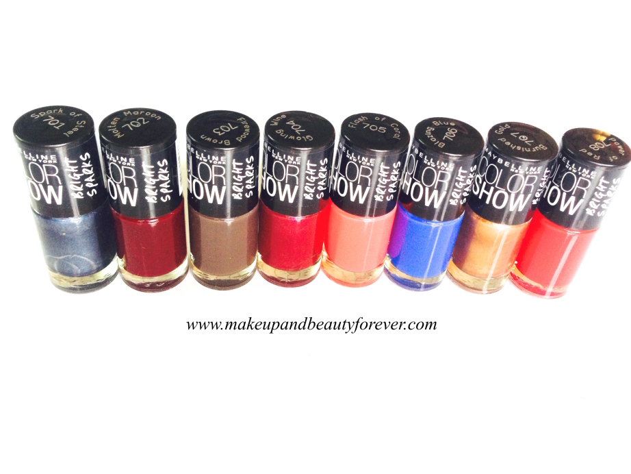 Maybelline Color Show Bright Sparks Nail Color Shades Available in India Blazing Blue Burnished Gold Firewood Brown Flash Of Coral Glowing Wine Molten Maroon Power of Red Spark of Steel