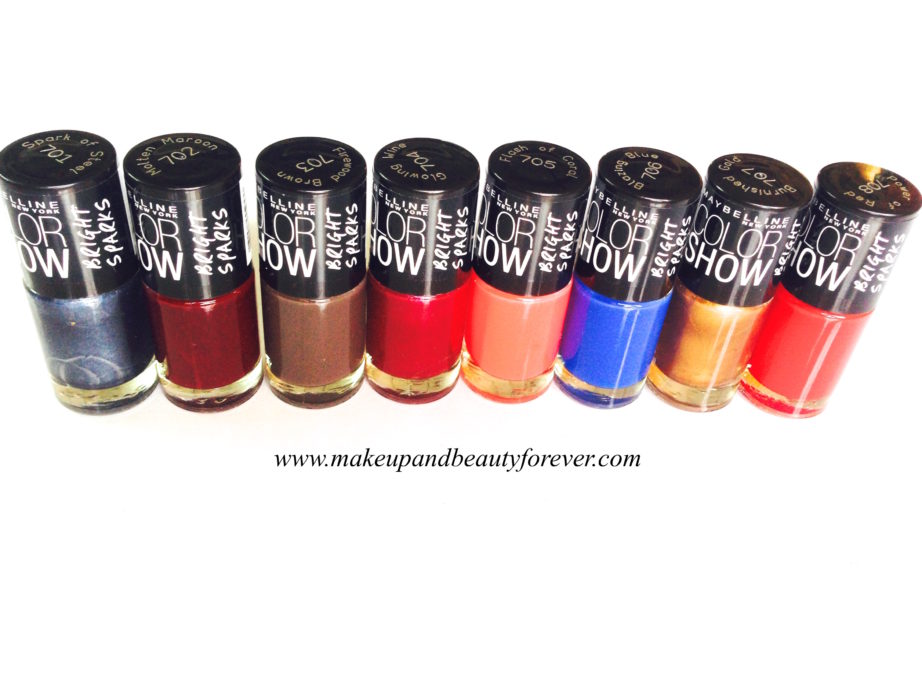 Maybelline color show bright sparks nail color shades swatch Blazing Blue Burnished Gold Firewood Brown Flash Of Coral Glowing Wine Molten Maroon Power of Red Spark of Steel
