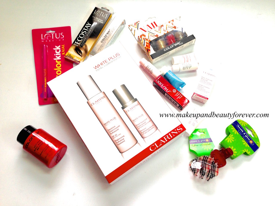 Clarins White Plus range, Shiseido lipstick, Lotus new kajal, colorbar nail polish remover