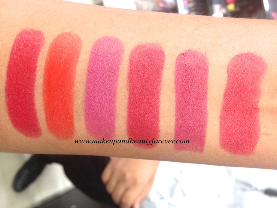 Lakme Absolute Matte Burgundy Affair, Coco Shot, Coral Flare, Crimson Touch, Maroon Magic, Peach Out, Pink Glam, Pink me up, Red flames, Red rush, Rose bloom MBF