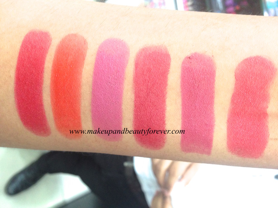 Lakme Burgundy Affair Coco Shot Coral Flare Crimson Touch Maroon Magic Mauve Fix Peach Out Pink Caress Pink Glam Pink me up Plum shell Red flames Red rush Rose bloom Tangerine lush