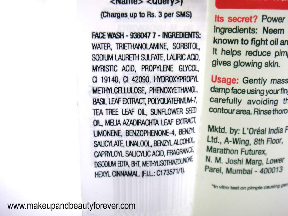 Garnier Pure Active Neem and Tulsi High Foaming Face Wash Ingredients