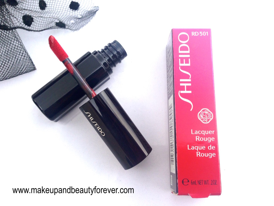 Shiseido Lacquer Rouge Liquid Lipstick Drama RD 501 Review Swatches Price FOTD Indian makeup and beauty blog