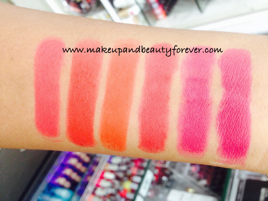 All Lakme Absolute Lip Pout Review Shades Swatches Victorian Rose Starlet Red Tangerine Touch Raving Red Pink Fantasy Magenta Magic