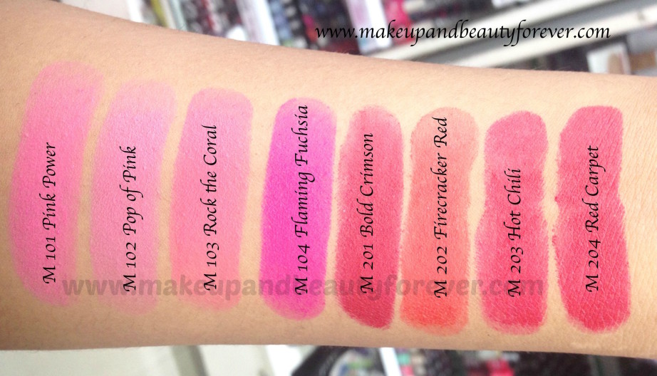 All Maybelline Color Show Matte Lipstick Review Shades Swatches Pink Power Pop of Pink Rock the Coral Flaming Fuchsia Bold Crimson Firecracker Red Hot Chili Red Carpet