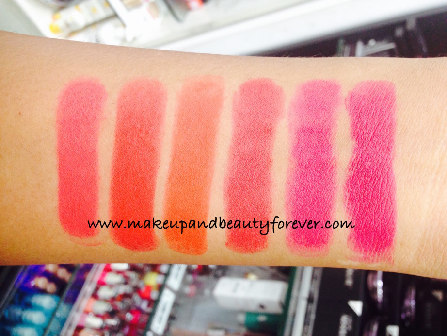 Lakme Absolute Lip Pout Review Swatches Victorian Rose Starlet Red Tangerine Touch Raving Red Pink Fantasy Magenta Magic