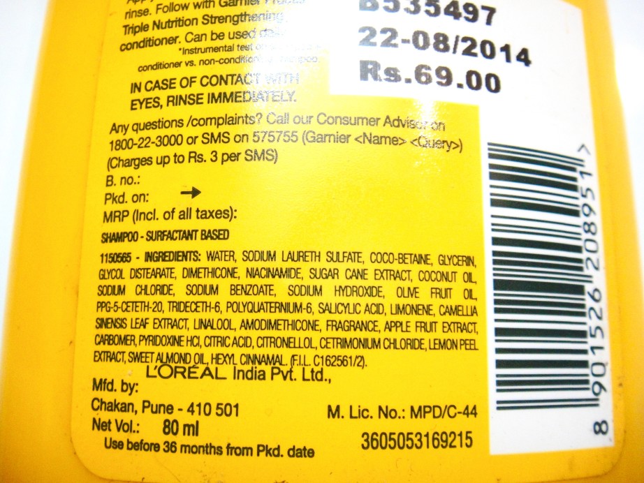 Garnier Fructis Triple Nutrition Strengthening Shampoo ingredients Review