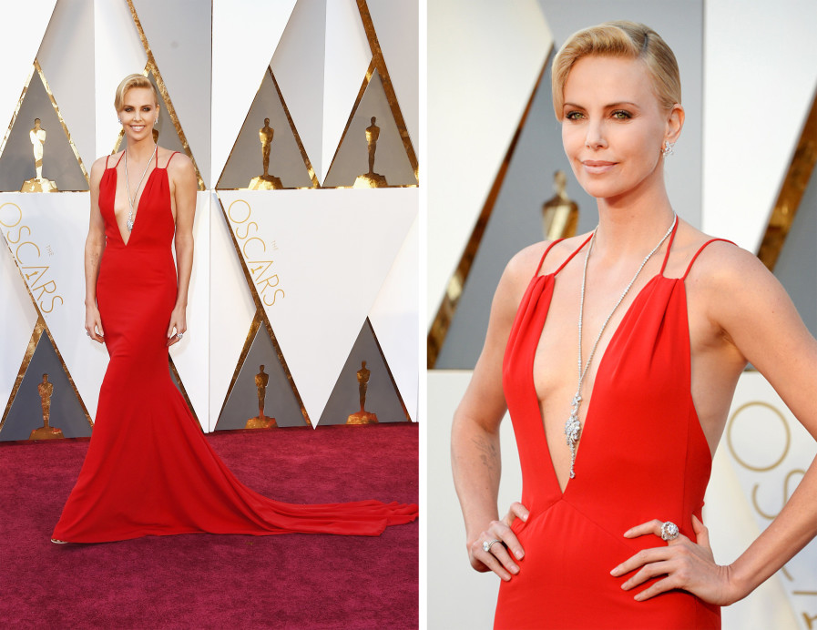 charlize theron oscars 2016 red gown diamond jewellery