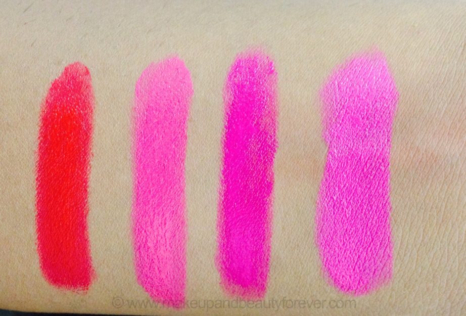 All Maybelline Superstay 14H Megawatt Lipstick Neon Pink Flash of Fuchsia Burst of Coral Red Rays Review Swatch