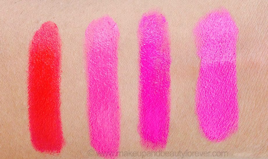 All Maybelline Superstay 14H Megawatt Lipstick Neon Pink Flash of Fuchsia Burst of Coral Red Rays Review Swatch swatches India Makeup and Beauty Blog