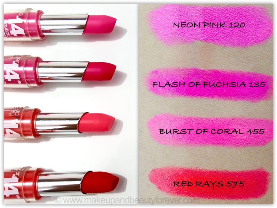 All Maybelline Superstay 14H Megawatt Lipstick Neon Pink Flash of Fuchsia Burst of Coral Red Rays Review Swatch swatches Makeup and Beauty Blog
