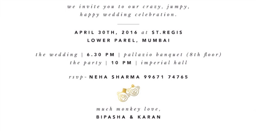 Bipasha Basu Karan Grover Wedding Invitation Card