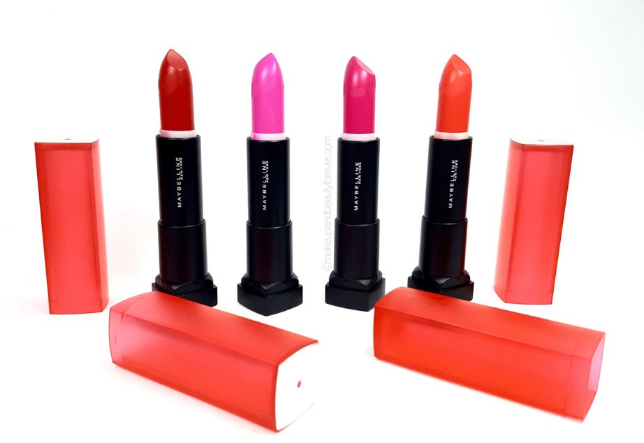 All Maybelline Vivid Matte ColorSensational Lipstick Review Shades Swatches Price Scarlet Red Neon Pink Violet Pink Rosy Orange