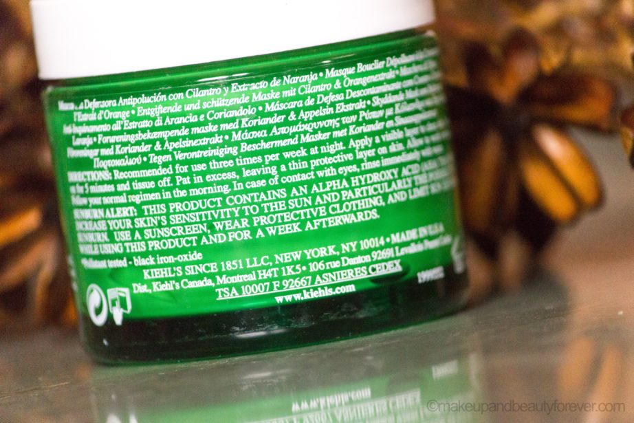 Kiehl's Cilantro & Orange Extract Pollutant Defending Masque Review ingredients