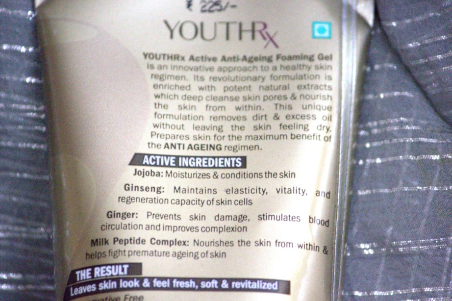 Lotus Herbals YOUTHRx Active Anti Ageing Foaming Gel Review ingredients