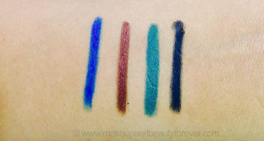 All Lakme Absolute Precision Artist Eye Liners and Kajal Shades Review Swatches Blue Sapphire burnished brown emerald green ebony black