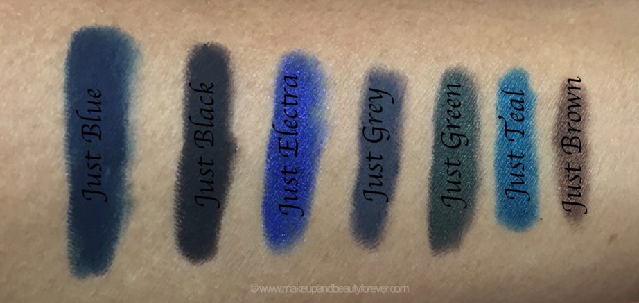 All Colorbar Just Smoky Eye Pencils 7 Shades Review Swatches Just Blue Just Black Just Electra Just Grey Just Green Just Teal Just Brown