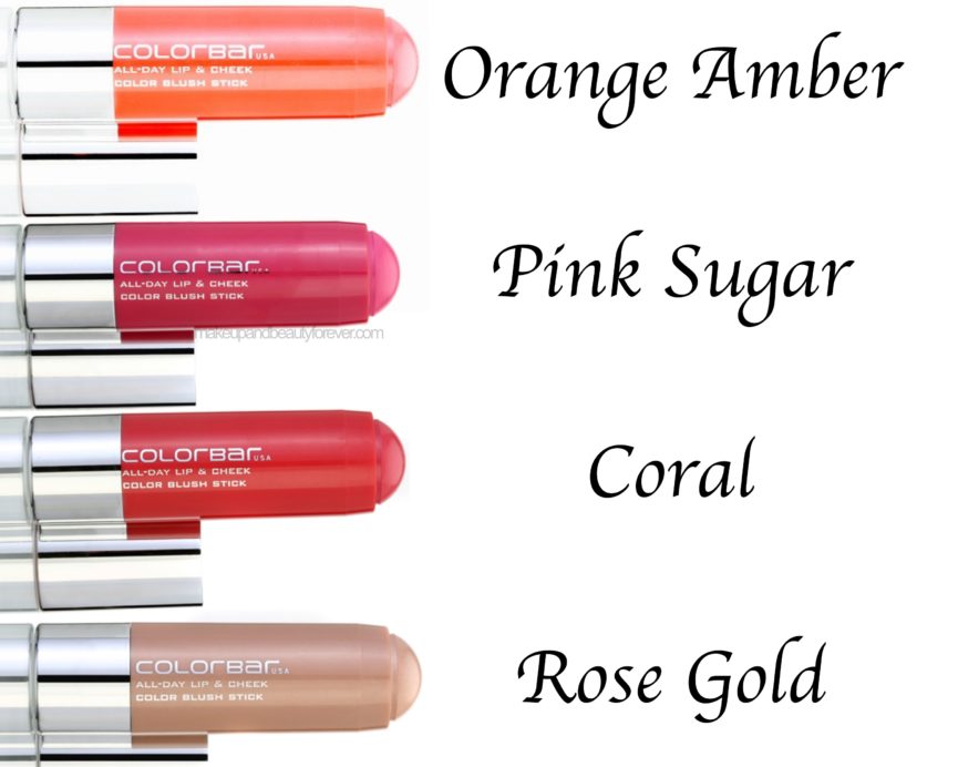 All Day Colorbar Lip & Cheek Color Blush Sticks 4 Shades Review Swatches Orange Amber Pink Sugar Coral Rose Gold