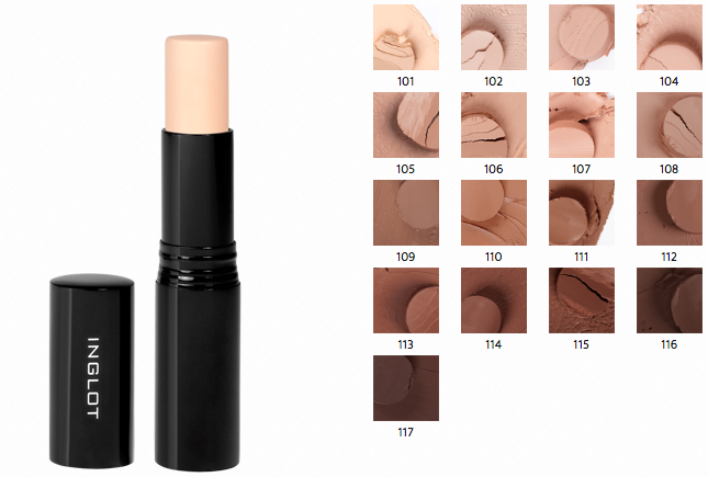 All Inglot Stick Foundation Shades Review Swatches 101 102 103 104 105 106 107 108 109 110 111 112 113 114 115 116 117 mbf