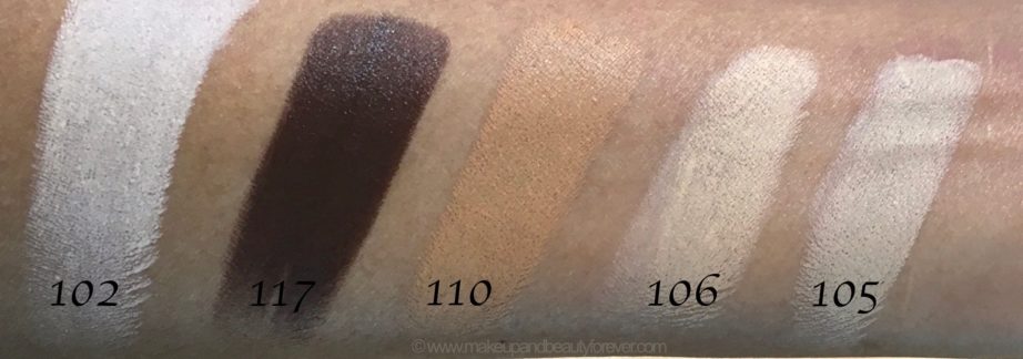 All Inglot Stick Foundation Shades Review Swatches 102 117 110 106 105