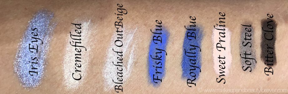All MAC Pro Longwear Waterproof Colour Stick Eye Shadows Shades Review Swatches Iris Eyes Cremefilled Bleached Out Beige Frisky Blue Royally Blue Sweet Praline Soft Steel Bitter Clove