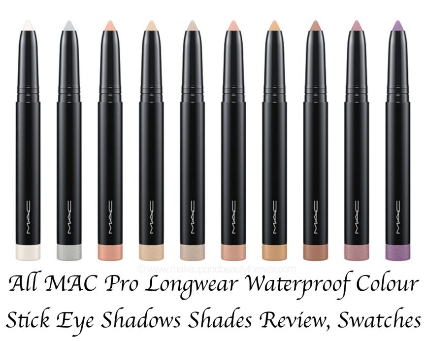 All MAC Pro Longwear Waterproof Colour Stick Eye Shadows Shades Swatches Lilacked Madly Sunny Midnight Royally Blue Sand Silver Coin Steel Praline Sweet Viola Tabby Tea Leaves