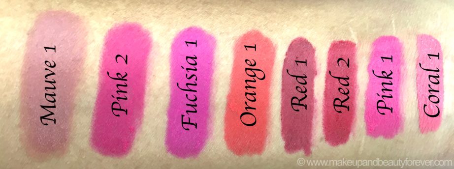All Maybelline ColorBlur Lip Gradation Matte Lipstick 8 Shades Review Swatches Mauve Pink Fuchsia Orange Red Coral