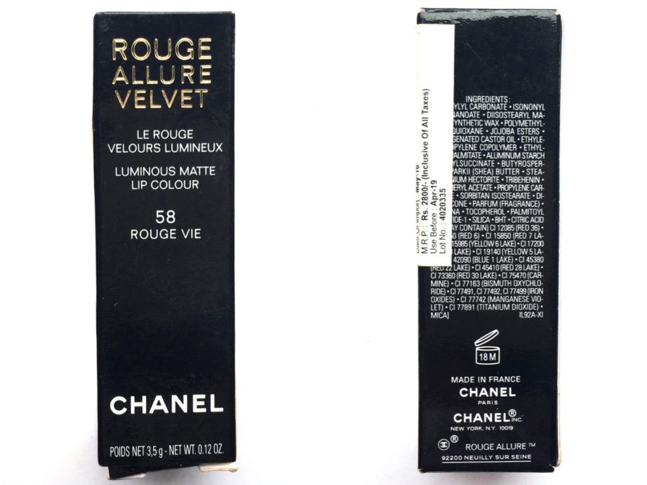 Chanel Rouge Allure Velvet Luminous Matte Lip Colour 58 Rouge Vie Review Packaging