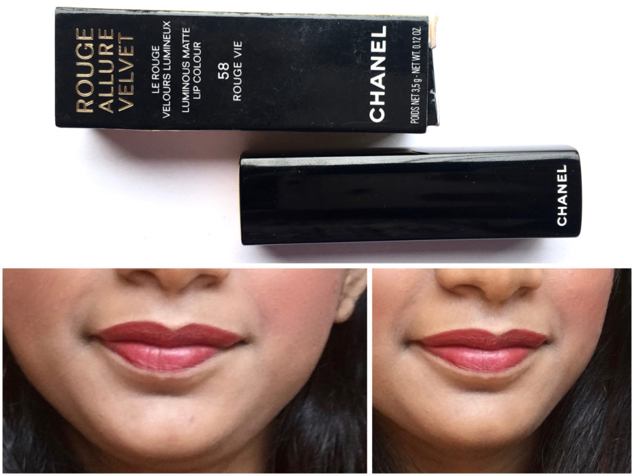 Chanel Rouge Allure Velvet Luminous Matte Lip Colour 58 Rouge Vie Review Swatches on lips