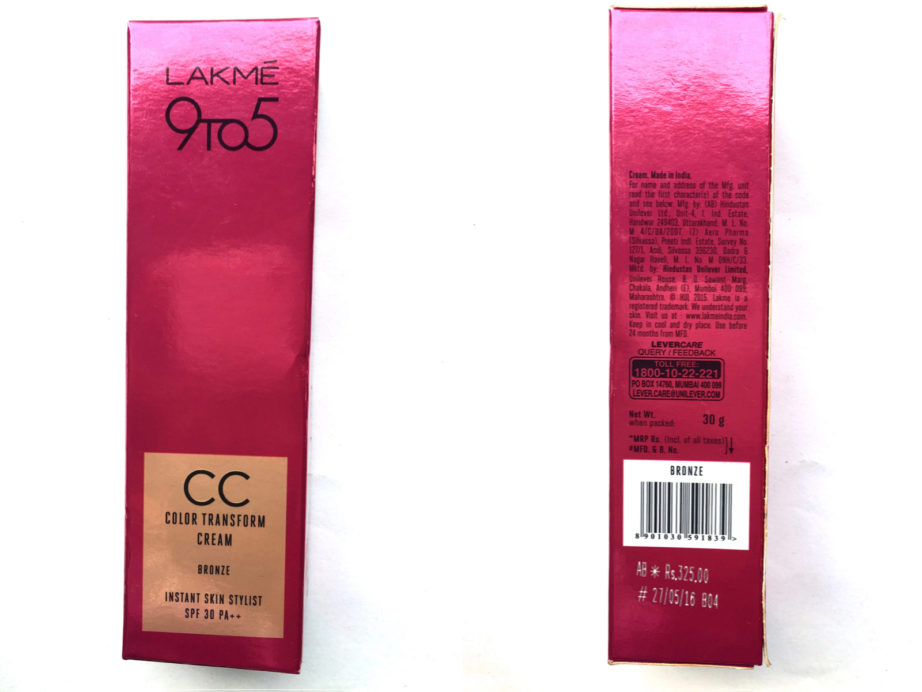 Lakme 9 To 5 Color Transform CC Cream packaging