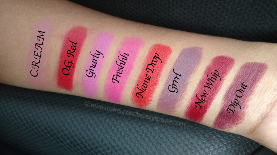 All Milk Makeup 8 Lip Colors Review Swatches CREAM Gnarly Freshhh Name Drop O G Red New Whip Dip Out Grrrl MBF