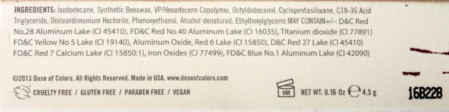 Dose of Colors Matte Liquid Lipstick Brick Ingredients