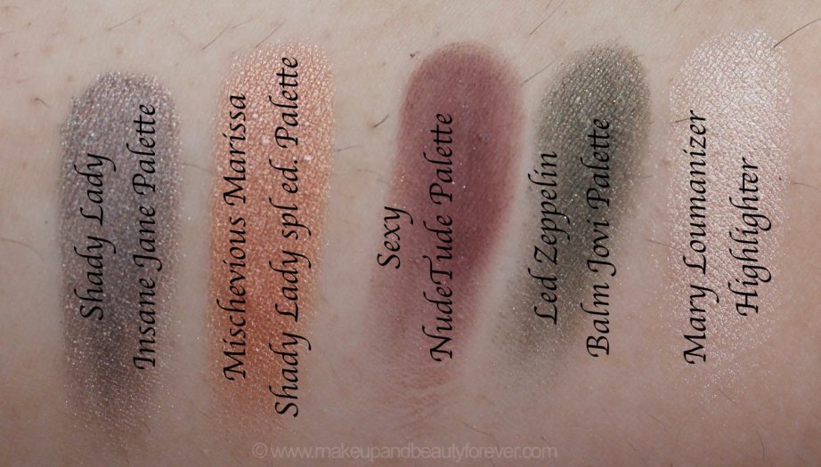 In the Balm of Your Hand Palette Review Swatches Eyeshadows Shady Lady Insane Jane Mischevious Marissa Nudetude Sexy Balm Jovi Led Zeppelin Highlighter Mary Lou Manizer