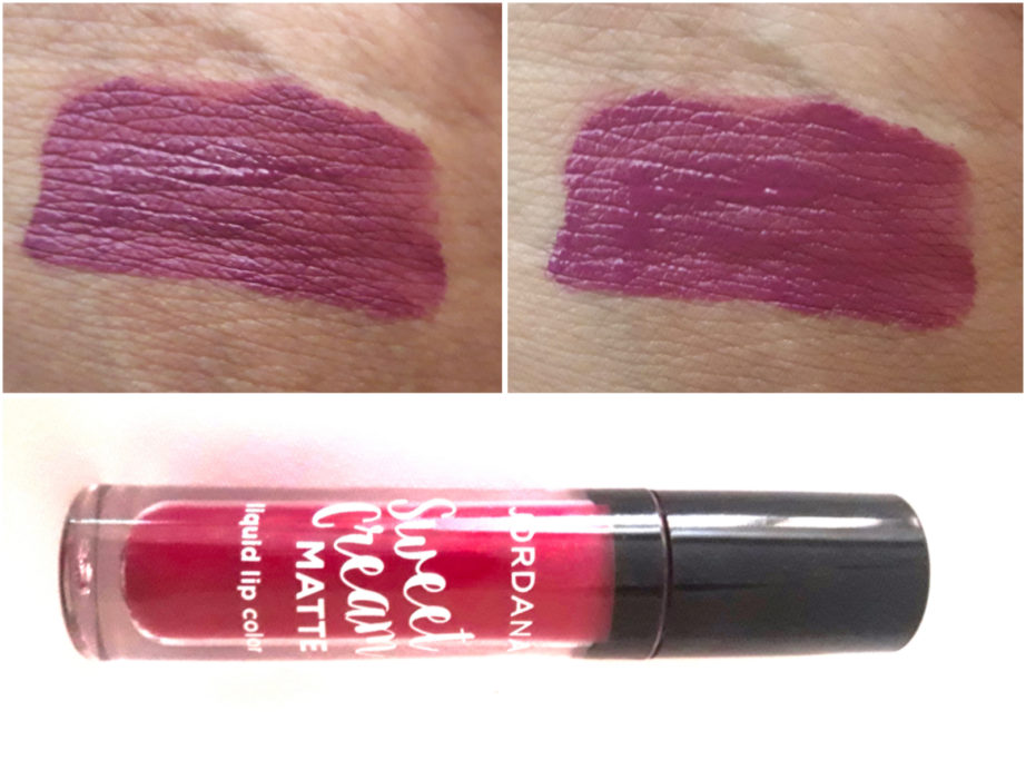 Jordana Sweet Cream Matte Liquid Lipstick Sugared Plum Review Swatches on hand