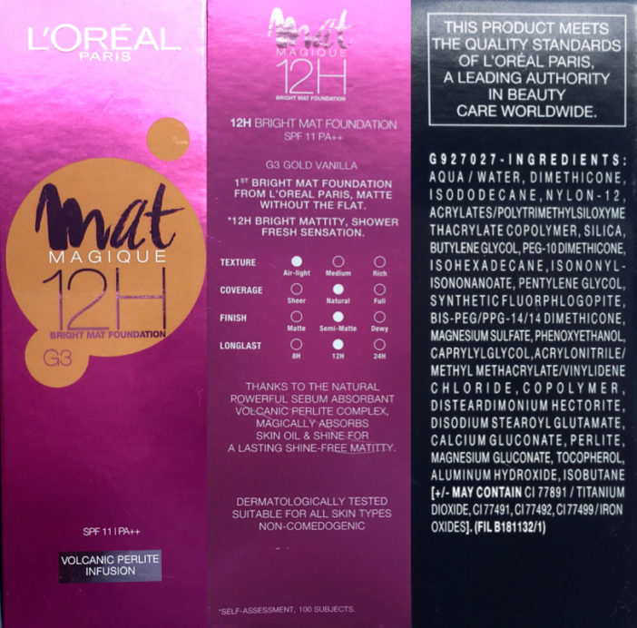 L'Oreal Mat Magique 12H Bright Mat Foundation Review Swatches info ingredients